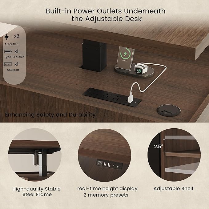 Executive Standing Desk with Drawers & Storage, 71'' Adjustable Electric Stand Up Wood Desk with Privacy Panel, AC/USB, File Cabinet, Large One-Piece Destop for Home Office, Black Walnut