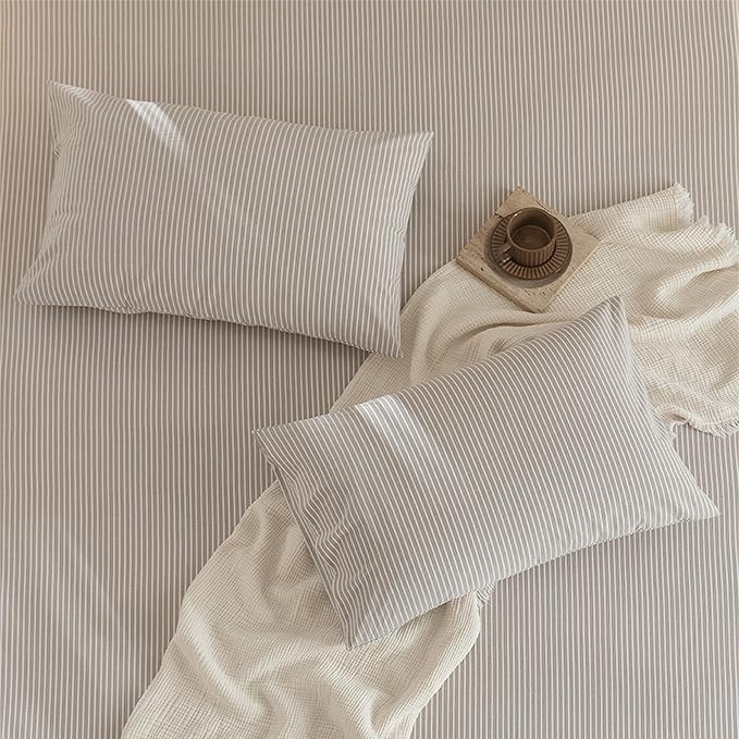 JIYUAN 100% Washed Cotton Striped Duvet Cover Set 3 Pieces King, 1 Duvet Cover and 2 Pillowcases(Comforter Not Included),Linen Like Bedding Set Comfy and Breathable,Pinstripes-Heathered Taupe White