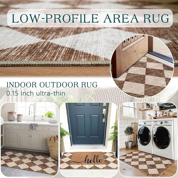 Front Door Mat Indoor Entrance - 2x4.3 Ft Brown Beige Non-Slip Washable Outdoor Porch Rug Doormats Geometric Checkered Diamond Runner Rug for Front Door Kitchen Hallway Bedroom Laundry Room
