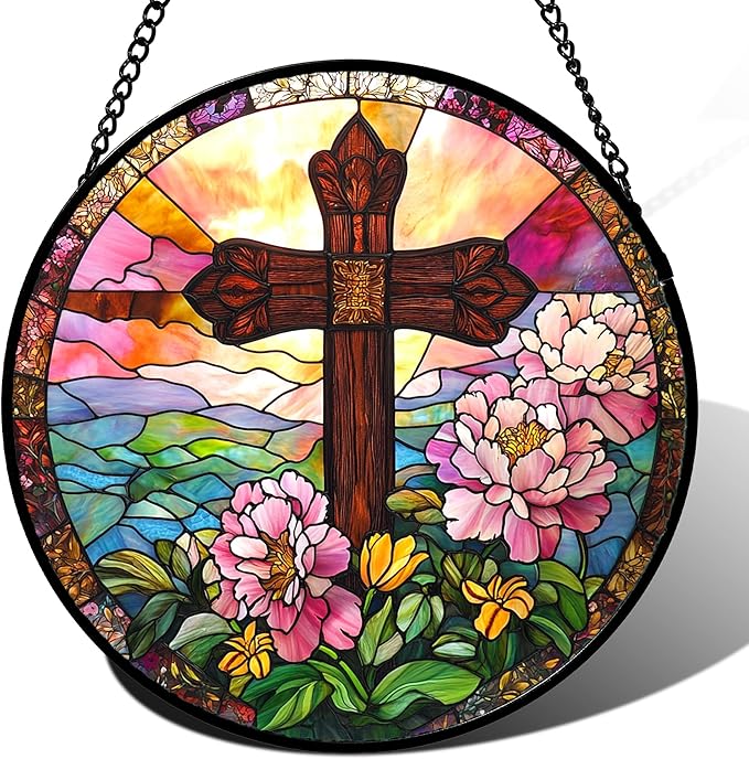 Christian Gifts for Women - Cross Stained Glass Window Hanging Jesus Easter Pink Flower Peony Sun Catcher Garden Religion Decor Mother's Day Catholic Gift for Men Grandma Mom Her Nana 7.8"