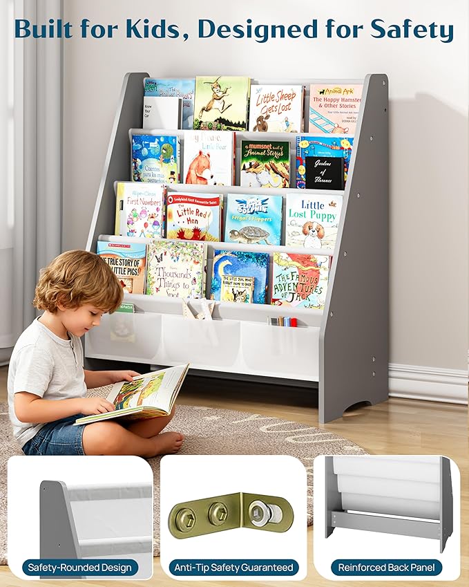 SEIRIONE Sturdy Kids Bookshelf,4-Tier Book Shelf for Kids Room with Tear-Proof Oxford Fabric-Nursery Room Playroom Classroom,Deep Slings to Keep Books Upright,Ideal Height for Toddler Age 3+, Grey