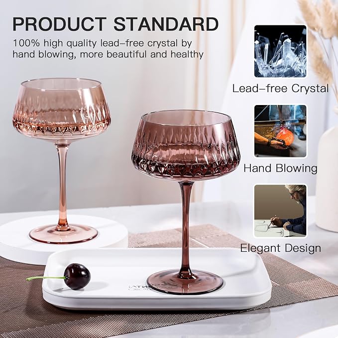 JOVGANK Amber Martini Glasses Set of 6, Hand Blown Colorful Glass 14Oz, Vintage Champagne Coupe Glasses, Large Brown Glass, Crystal Retro Style Bar Glasses, Housewarming and Mother's Day Gift