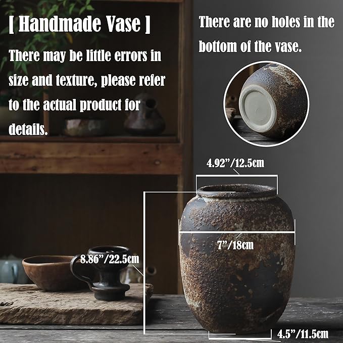 Denique Rustic Vase for Home Decor, Farmhouse Terracotta Vases, Large Ceramic Vase for Living Room Decor, Black Pottery Vase Large Clay Vase, Rustic Farmhouse Tabletop Decor(B-22cm)
