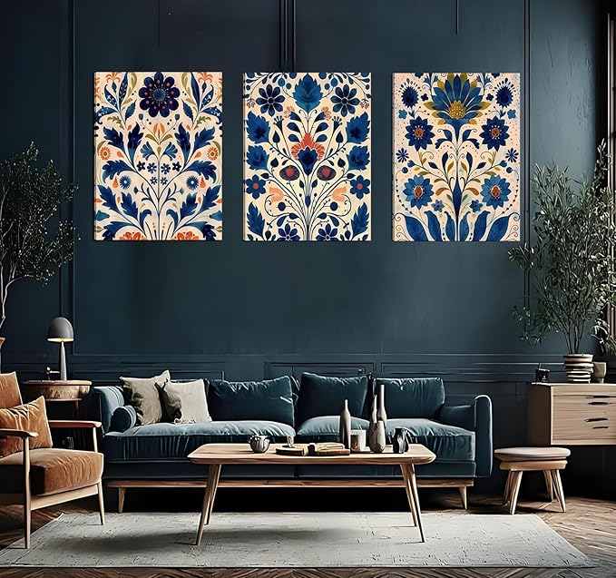 3 Pcs Blue Boho Flower Canvas Wall Art, Floral Painting Poster Wall Decor,Wildflower Botanical Picture for Wall Living Room Bathroom Bedroom Home Decoration 16*24 in (Stretched Canvas on A Wooden Frame)