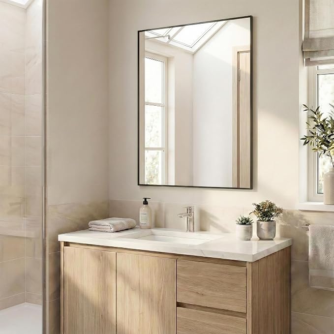 30"x36" Black Bathroom Mirror for Wall, Shatterproof Tempered Glass, Rectangle Narrow Frame Vanity Mirror, H/V Wall-Mounted, Ultra-Flush