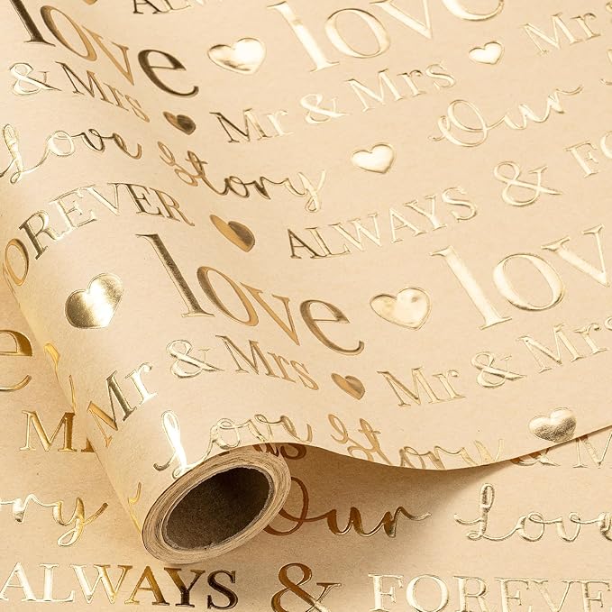 RUSPEPA Brown Wedding Wrapping Paper, Mini Roll, Luxury Gold Foil LOVE Design, Perfect for Wedding, Bridal Shower, Anniversary, 17 Inches x 16.5 Feet