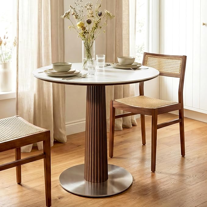 Round Dining Table, 31.5" Solid Wood Dinner Table with Thickened Top & Steel Pedestal, Mid Century Modern Bistro Table for Kitchen, Small Space, Living Room, Cafe, White & Walnut -Style C