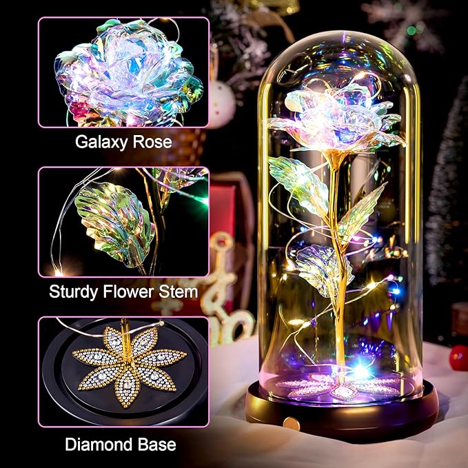 Beferr Birthday Gifts for Women Mom Rechargeable Galaxy Glass Roses Forever Preserved Flowers for Delivery Prime Smart Touch Light Up Rose in Dome Gift for Grandma Sister Wife Her Girlfriends Daughter