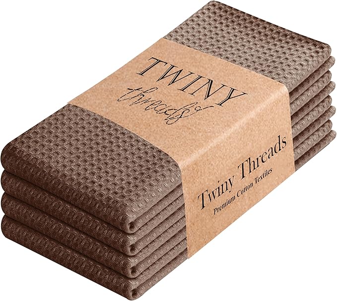 TWINY threads Dish Towel Waffle Texture, Pack of 4, 16x26 Inches, Large 100% Cotton Kitchen Linen Set, Absorbent Cloths for Drying Dishes and Cookware, Quick Drying, Machine Washable, Brown