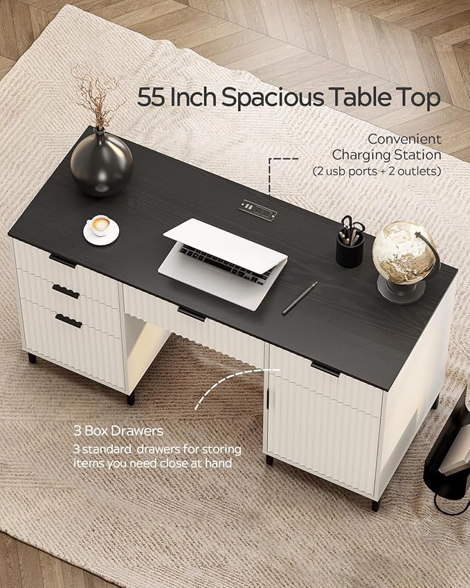 55" Fluted Executive Desk, Modern Wood Home Office Desk with Charging Station, Keyboard Tray, File Drawer, Storage Cabinet for Work Study Writing Desk, White and Black