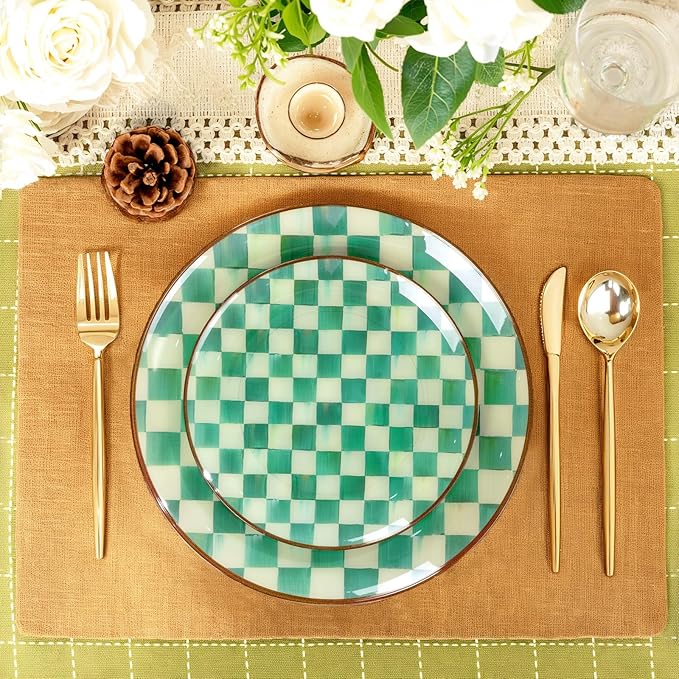 U-QE 20PCS Green Plastic Plates for Party - Retro Checkered Plates Disposable Heavy Duty - White and Green Disposable Plate for Party, Birthdays - 10 10.25 Inch Dinner and 10 7.5 Inch Dessert Plate