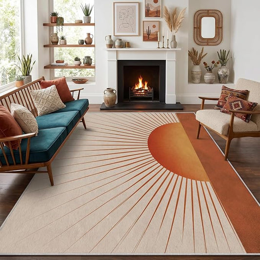 Sunburst Area Rug 2x3, Retro Sun Design Rug, Mid Century Modern Carpet for Living Room Bedroom, Soft Non Slip Washable Area Rug