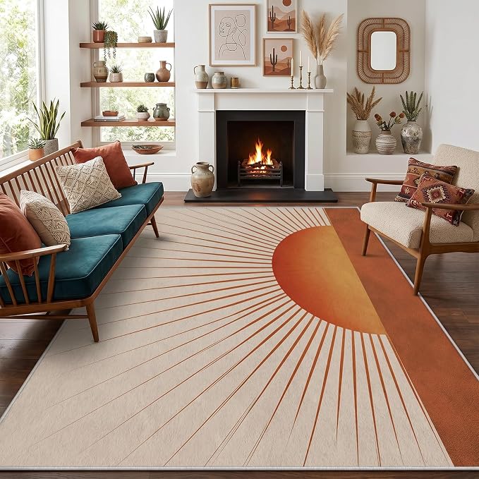 Sunburst Area Rug 4x5, Retro Sun Design Rug, Mid Century Modern Carpet for Living Room Bedroom, Soft Non Slip Washable Area Rug