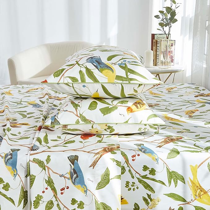 Brandream Eastern Floral Birds Chinoiserie Blossom Print Bed Sheet Set Luxury Bedding Collections 800TC 100% Egyptian Cotton Deep Pocket White Green Botanical Tree Branches Ornamental, 4Pc-Queen Size