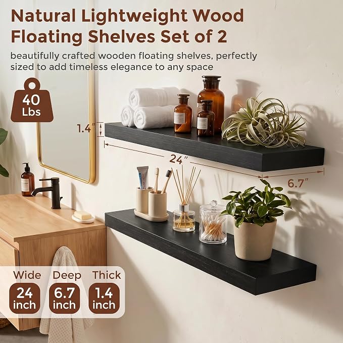fuqing Black Floating Shelves | 24 Inch Wood Floating Shelves for Wall Set of 2 | 24" W x 6.7" D x 1.4" H Rustic Black Wooden Shelves for Bathroom Living Room Bedroom Kitchen