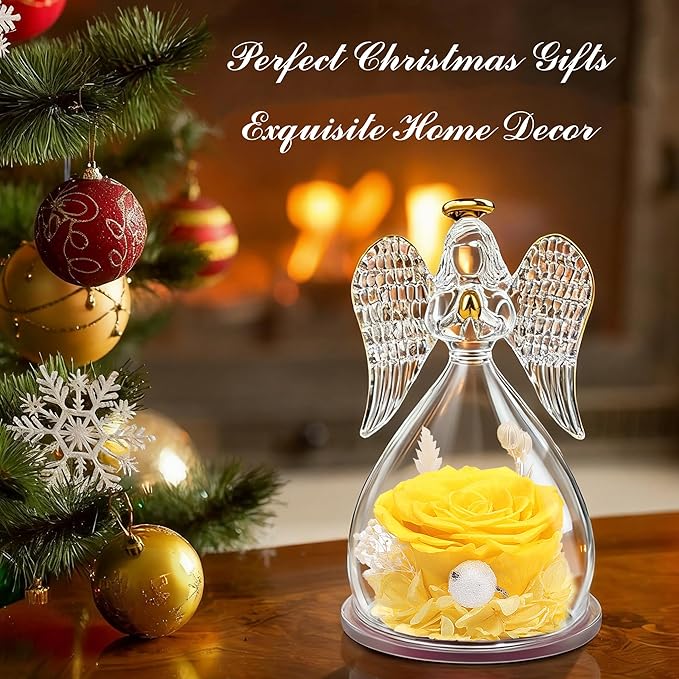 Sunia Preserved Flower Rose Gift for Women - Mother's Day Birthday Gifts for Mom Wife Grandma, Glass Angel Figurines Forever Real Roses Gifts for Her Valentine Day Thanksgiving﻿ (Yellow)