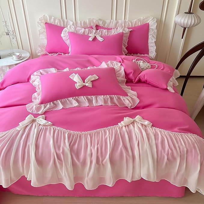 Girls Lace Bedding,Queen Comforter Cover Set, Chic Ruffled Duvet Cover with Lovely Bow,Princess Style 1 Duvet Cover with 2 Pillowcases, No Comforter-Hot Pink,Queen Size