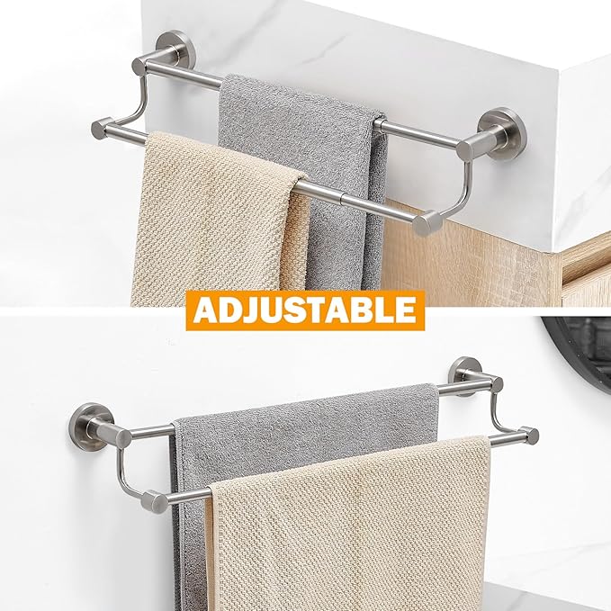BESy Adjustable 16-26 Inches Double Bath Towel Bar for Bathroom SUS304 Stainless Steel Towel Holder, Hotel Style Wall Mount with Screws Hand Towel Bar Towel Rack Rod Hanger, Brushed Nickel Finish