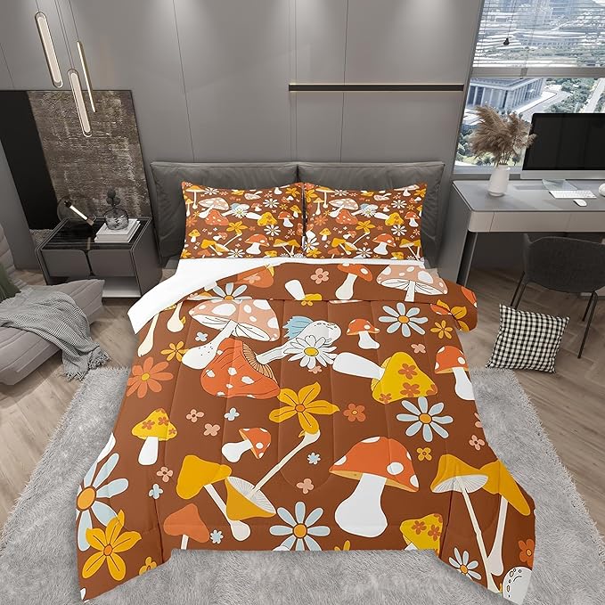 Castle Fairy 60s 70s Retro Hippie Comforter Set Full Size,Groovy Flowers Mushroom Print Bedding Comforters for Girls Teens,Boho Art Down Comforter with 2 Pillowcases,Chic