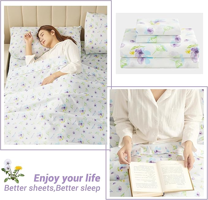 Softan Floral Queen Sheet Set Purple Flower Bed Sheets Queen Printed Sheets - 4 Piece Soft Microfiber Patterned Fitted Sheets with 15" Deep Pocket and Corner Straps, Cute Blue Flower Sheets