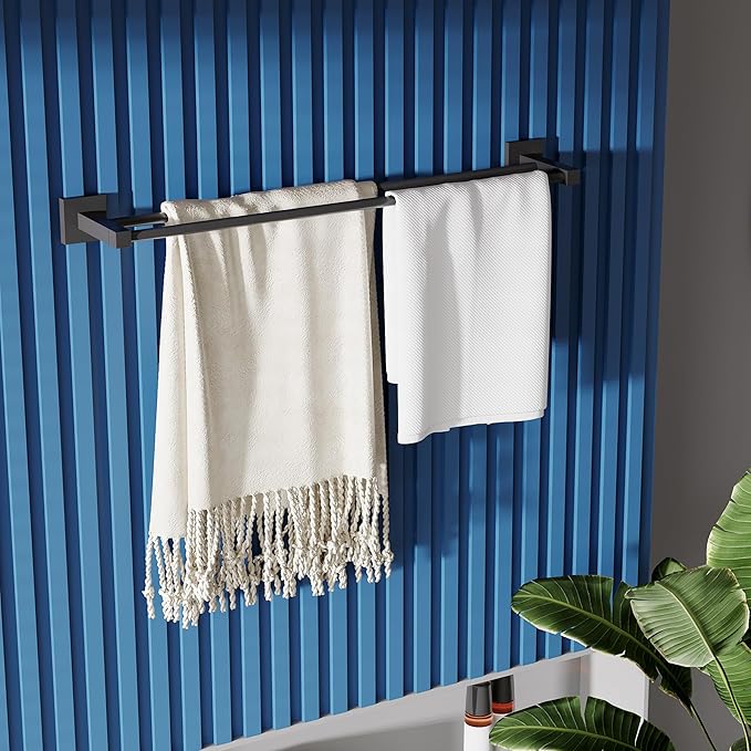 RUACQ Double Towel Bar, 24 Inch Towel Racks for Bathroom Wall Mounted, 304 Stainless Steel Bath Towel Rod with Square Base(Matte Black)