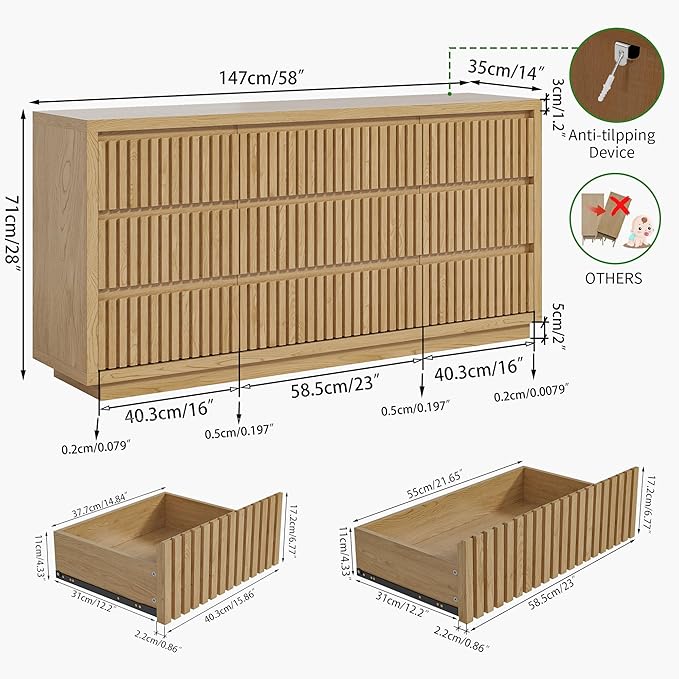 Long Dresser for Bedroom, Large Fluted Dresser with 9 Drawers, 58" Wide Modern Chest of Drawers, Wood Closet Clothes Storage Organizer, Wooden TV Stand for Living Room, Boho, Natural Oak