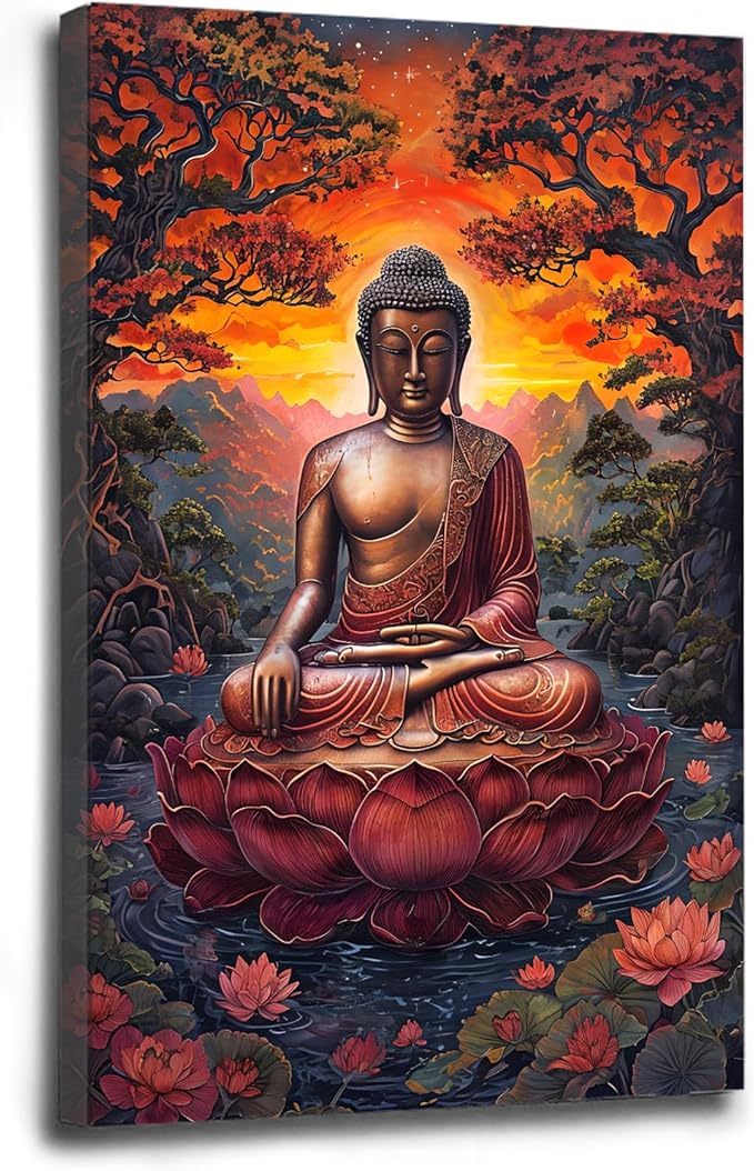 Golden Buddha on lotus seat serene meditation statue amidst lush trees flowing water and sunrise light spiritual home art for a tranquil decor 16x24in Wood Framed