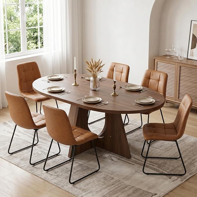 HIPIHOM Modern Round Expandable Dining Table Set for 6, 43.3"-59" Walnut Kitchen Table with 6 PU Leather Chairs, 7-Piece Mid-Century Dining Room Set