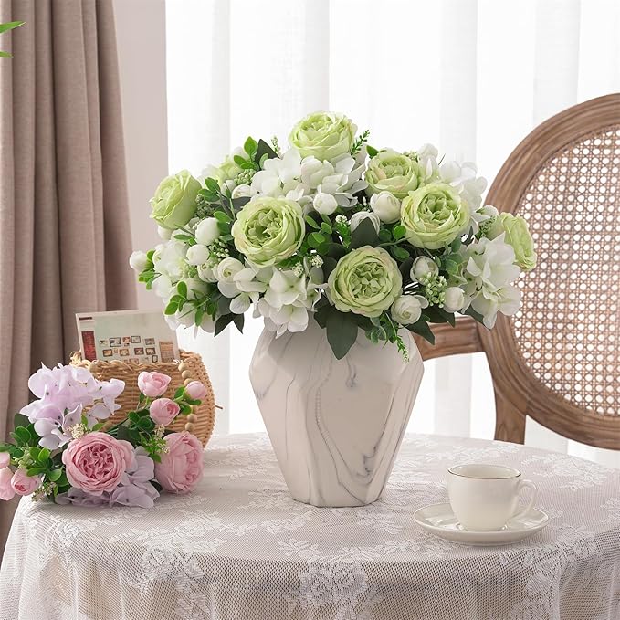 2 Bunches Green Peony Artificial Flowers for Decoration Faux Rose Fake Bouquet Silk Arrangements Table Centerpiece for Vase Cake Topper Bridal Baby Shower (2, Green White)
