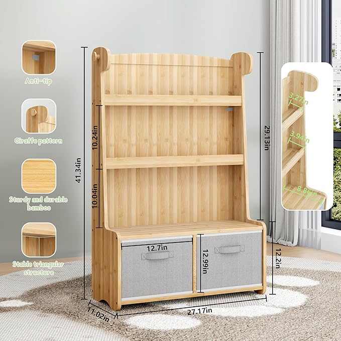 Kids Bookshelf and Toy Storage Organizer, 3 Tier Bamboo Todders Book Shelf Large Book Rack for Child Room Playroom Nursery for Kids, Children, Toddlers (Nature)