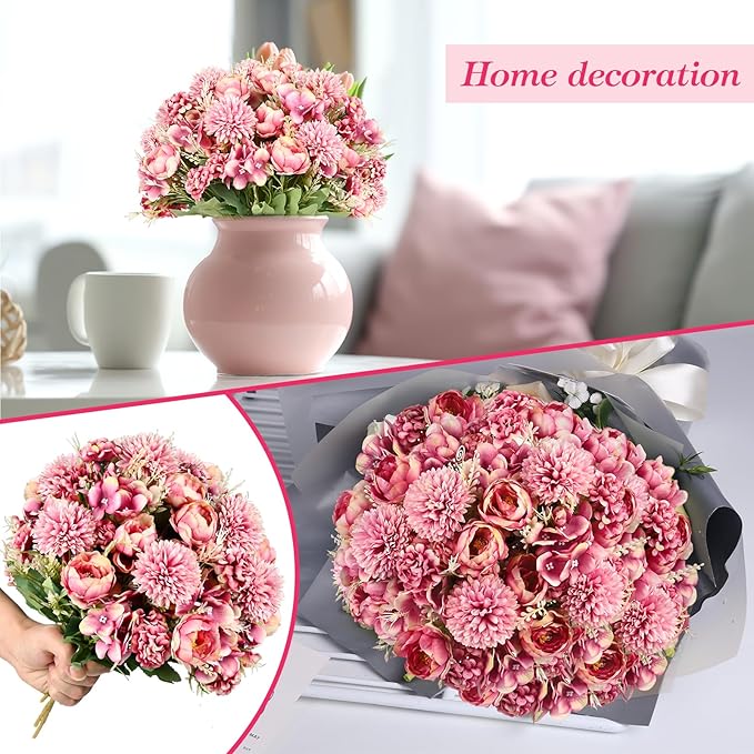 Olgaa 12 Bundles Peonies Artificial Flowers Silk Flowers Fake Peony Bouquet Faux Peonies Flowers Bulk for Wedding Decor Centerpiece Table Decorations (Purple Red)