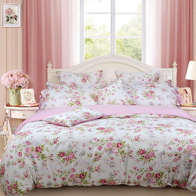 FADFAY Rose Floral Duvet Cover Set Pink Grid Cotton Girls Bedding with Hidden Zipper Closure 3 Pieces, 1duvet Cover & 2pillowcases,Full Size