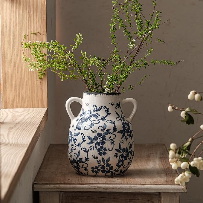 Blue and White Vintage Round Flower Vase with 2 Handles, Chinoiserie Floral Vase, Retro Ice Cracked Ceramic Large Vases for Home Decor, Living Room, Grand Millennial Chinoiserie Decor, 7.7 Inch