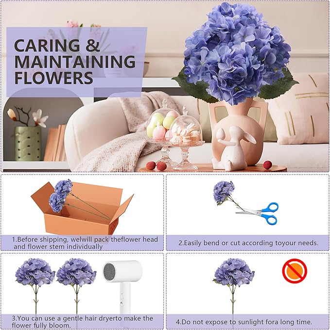 4 Pcs Long Stem Big Size Artificial Hydrangea Flowers for Home Wedding Decor, Party Centerpieces, Office Decoration,Shower (Light Purple)