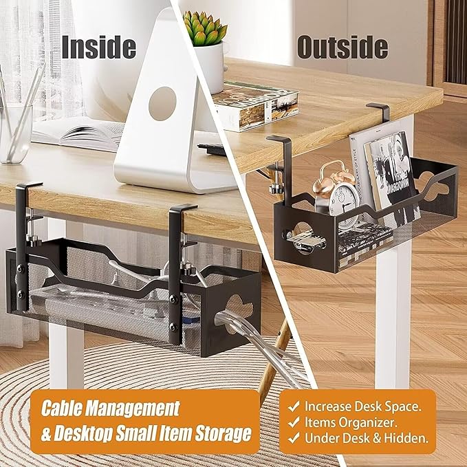 2 Pack Under Desk Cable Management Tray, 13.38" Cable Organizer No Drill, Quszmd Standing Cord Organizer and Wire Management - Black