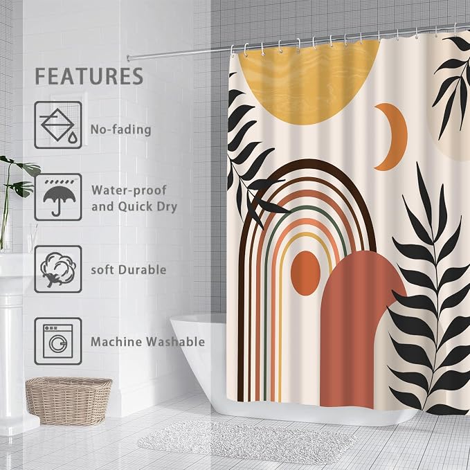 Mid Century Abstract Boho Aesthetic Shower Curtain Set, Green Nature Leaf Sun Modern Minimalist Home Bathroom Curtain Decor with 12 Hooks 72 Inch Wide * 84 Inch High