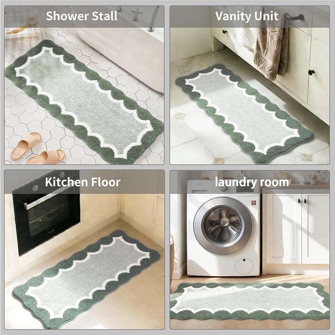 Scalloped Green Bathroom Rugs Mat,Non Slip Absorbent Quick Dry Bath Mats for Shower Room,Plush Microfiber Bath Rug for Bathroom Floor Washable Carpet for Shower Tub Sink Bedroom,17"x47"