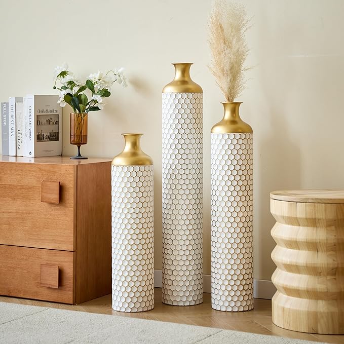 Metal Floor Vases Decorative, Set of 3 Flower Arrangement Stand, Tall White＆Gold Metal Floor Vases for Living Room, Bedroom & Entryway, 33.4", 28.74", 24.4" H (Gold＆White2)