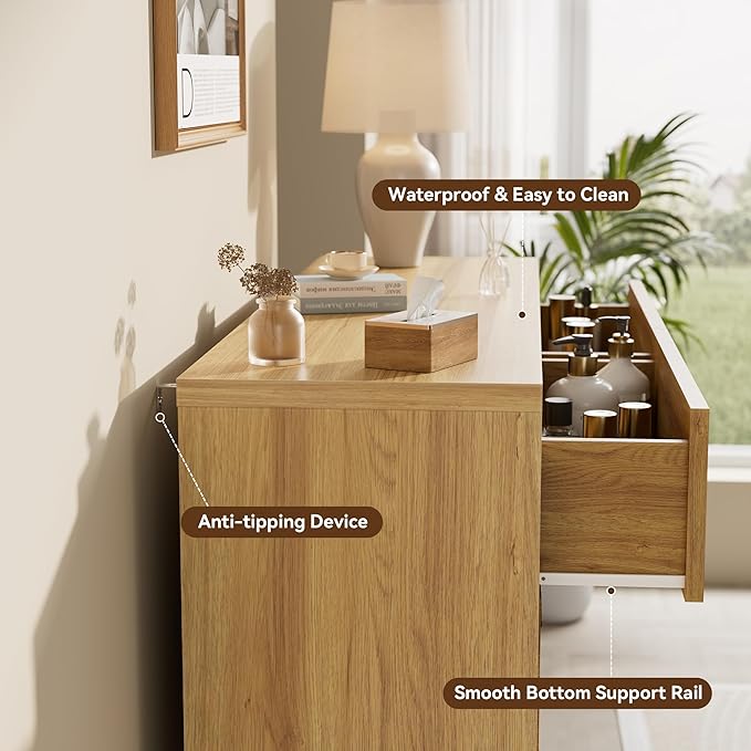 6 Drawer Dresser for Bedroom, 54" Wide Chest of Drawers with Metal Handle, Modern Storage Dressers Organizer for Living Room, Hallway, Natural Oak