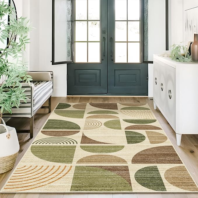 MUJOO 3x5 Rug Washable,Boho Area Rugs for Bedroom Entryway Living Room Bedside,Small Throw Floor Carpet Non Slip Soft Indoor Modern Abstract Vintage Green and Brown