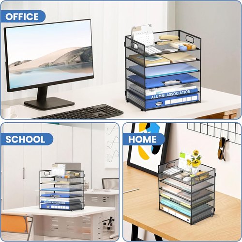 Daltack 6-Tier Paper Organizer - Mesh Desk File Tray with Handle for Office & Home | Black
