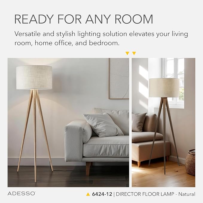 Adesso Floor Lamp with Natural Oak Veneer and Off-White Fabric Lampshade – 3-Way Adjustable Brightness, Lamp for Bedroom, Living Room, and House Décor, 60.25” x 21”