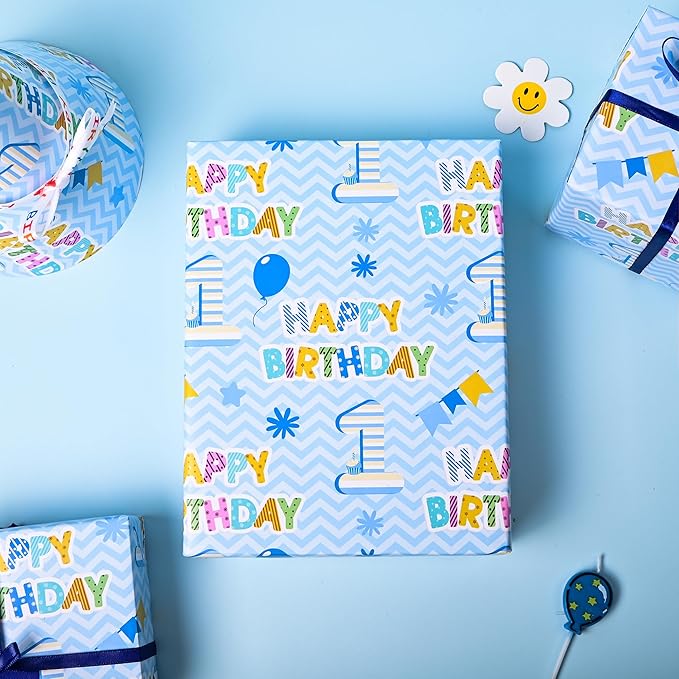 Altarho 1st Birthday Wrapping Paper Roll - Blue Happy Birthday with Balloon Gift Wrap Sheets for Kids Boys Baby Shower Party Decoration Celebration Total 28.5sq.ft