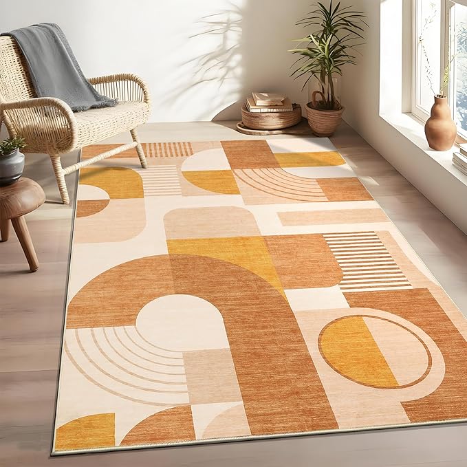4x6 Washable Rug for Bedroom, Boho Geometric Small Area Rugs for Living Room Entryway Soft Low Pile Non-Slip Indoor Rug for Playroom Dorm Girls, Orange Multi, 4'x6'