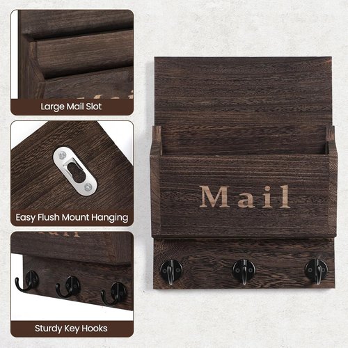 Mail and Key Holder | Decorative Wall Key Hanger - 9.8" x 12.5" Real Paulownia Wood with 2 Mail Slots & 3 Hooks (Brown)
