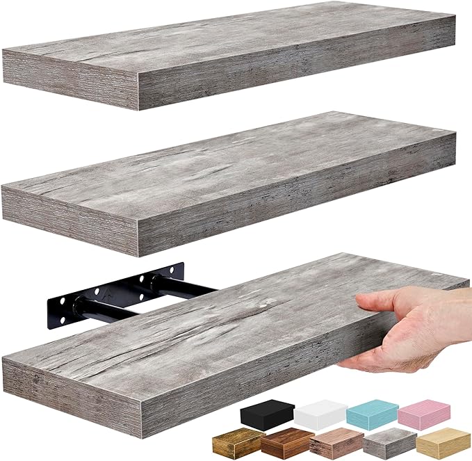 Sorbus Floating Shelves for Wall – 16 Inch Floating Shelf for Kitchen, Bedroom, Living Room, Bathroom, Home & Wall Decor - Mounted Bathroom Shelves with Invisible Brackets (Grey, 3 Pack)