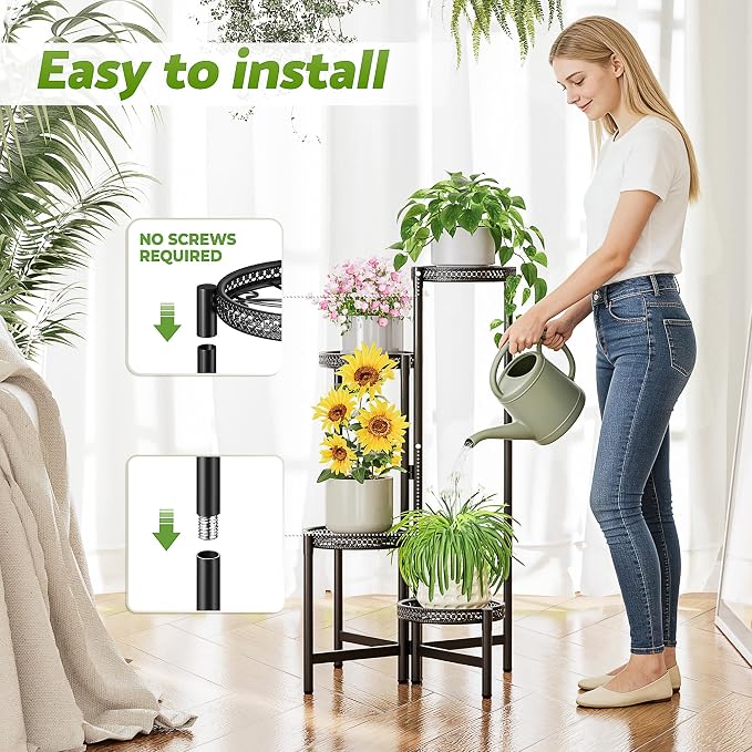 4 Tier Metal Plant Stand Indoor Outdoor, Corner Tall Plant Shelf for Multiple Plants, Foldable Plant Stand Heavy Duty Flower Stand Holder for House Living Room Balcony Garden Patio -BlackS