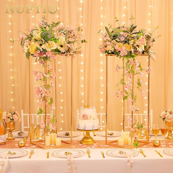 NUPTIO Metal Gold Vase Set for Wedding - 10 Pcs 31.5 inch Tall Cylinder & Square Vases for Centerpieces - Elegant Flower Stand for Party Tables Decorations
