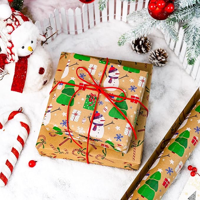 Yarcony Christmas Gift Wrapping Paper Roll, Kraft Snowman Wrapping Paper，Reversible Snowman, Candy Cane & Bow Design Winter Theme Thick Christmas Gift Wrap for Holiday Celebration (17 Inch X 33 Feet)