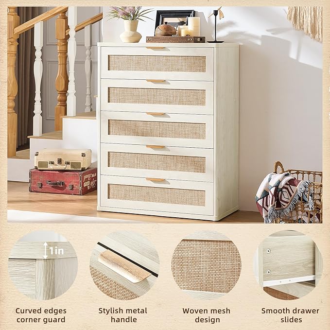 LEYAOYAO Rattan Dresser for Bedroom 41" Tall Chest of Drawers, Modern 5 Drawers Boho Dressers with Storage, Light Oak Dresser Wooden Closet Organizer for Living Room, Hallway, Grey White